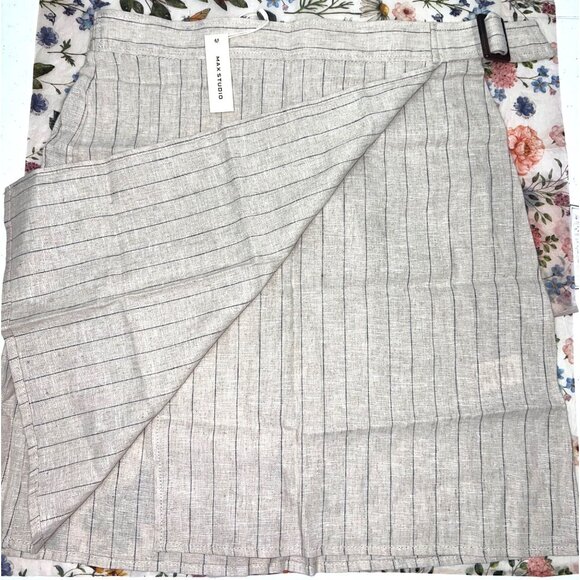 New Max Studio Small Linen Wrap Mini Skirt Buckle Tan Striped - Picture 3 of 7